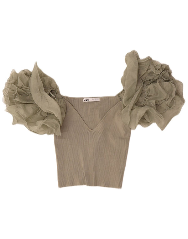 Zara Γυναικεία μπλούζα Crop Top UK 12 Medium Beige Viscose