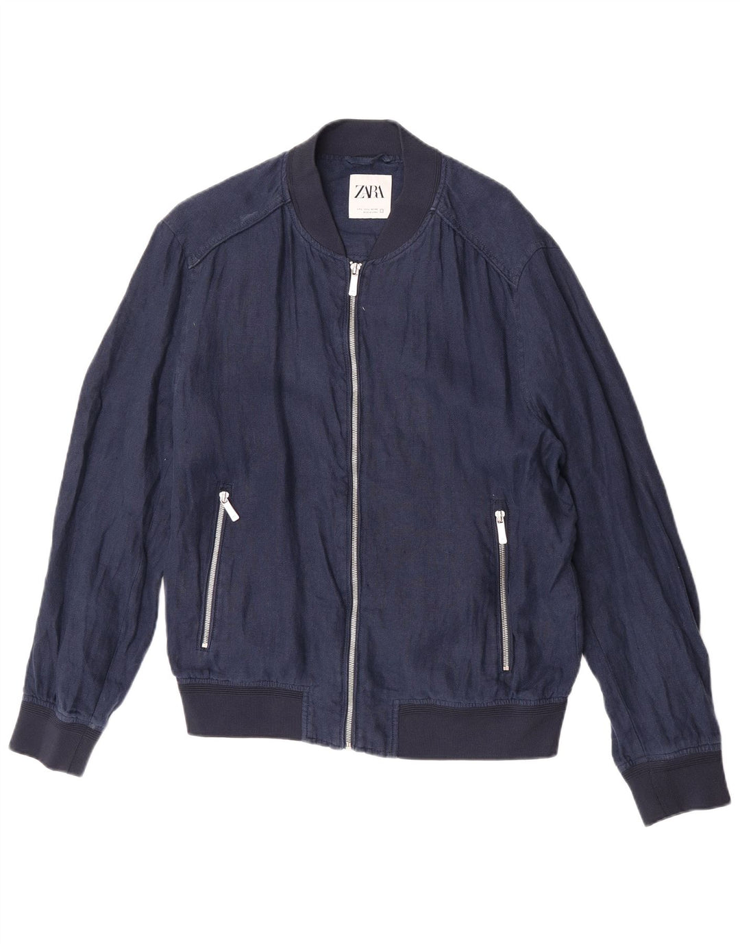 Zara Ανδρικό Bomber Jacket UK 40 Large Navy Blue Linen