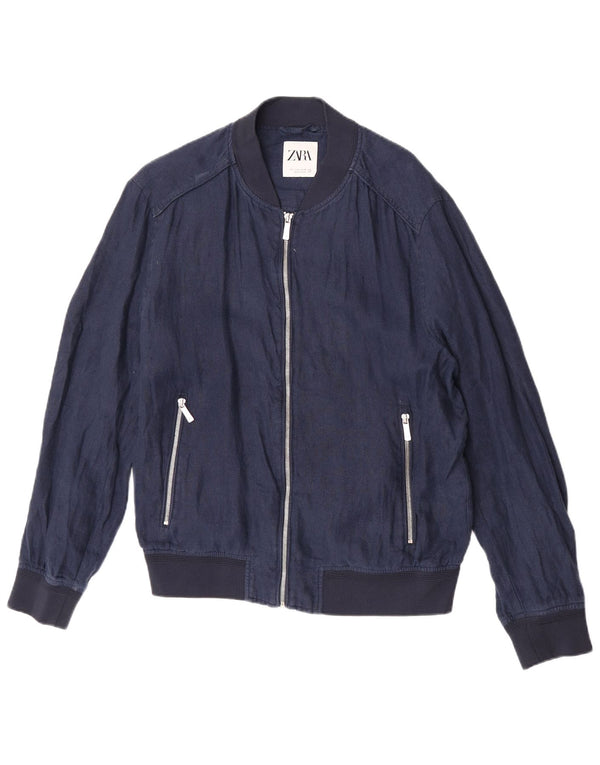 Zara Ανδρικό Bomber Jacket UK 40 Large Navy Blue Linen