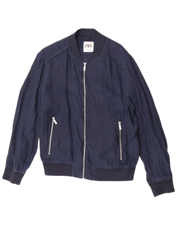 Zara Ανδρικό Bomber Jacket UK 40 Large Navy Blue Linen