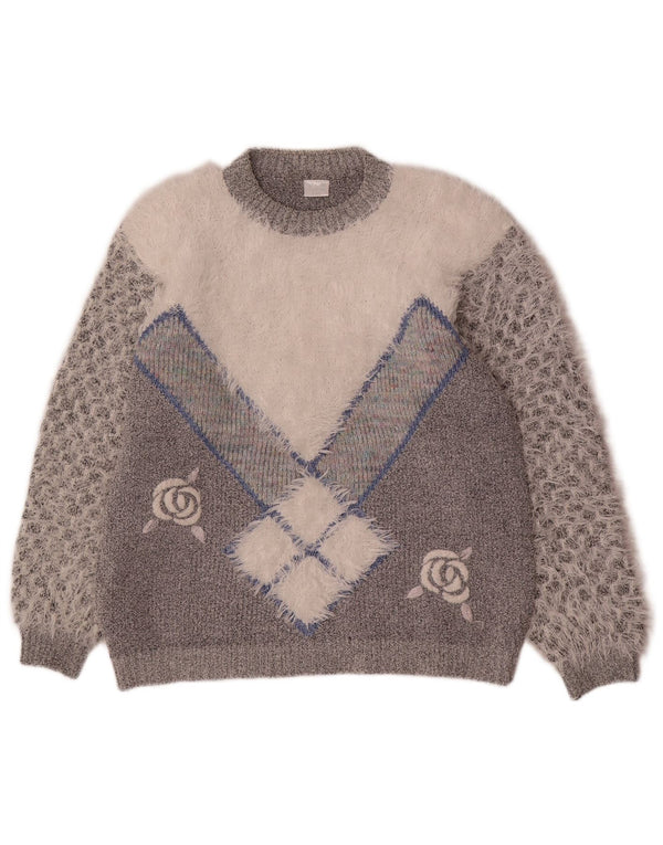 Vintage Womens Crew Neck Jumper Sweater UK 20 2XL Grey Colourblock Acrylic