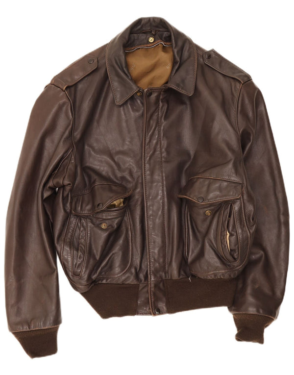 Vintage Ανδρικό Military Leather Bomber Jacket UK 38 Medium Brown