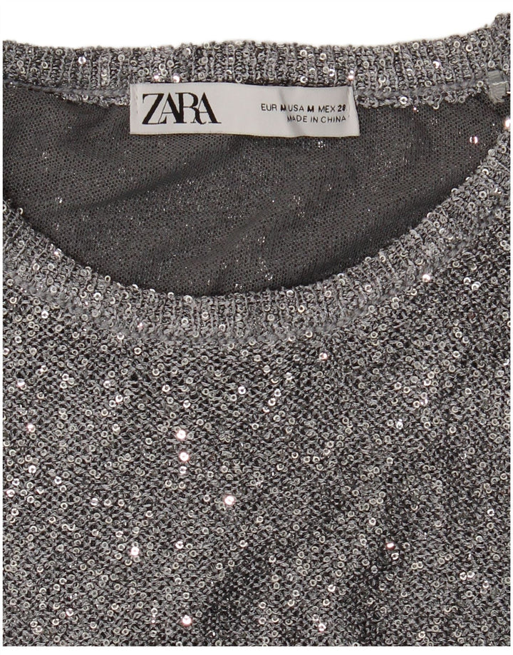 Zara Γυναικείο πουλόβερ με λαιμόκοψη UK 12 Medium Silver Flecked