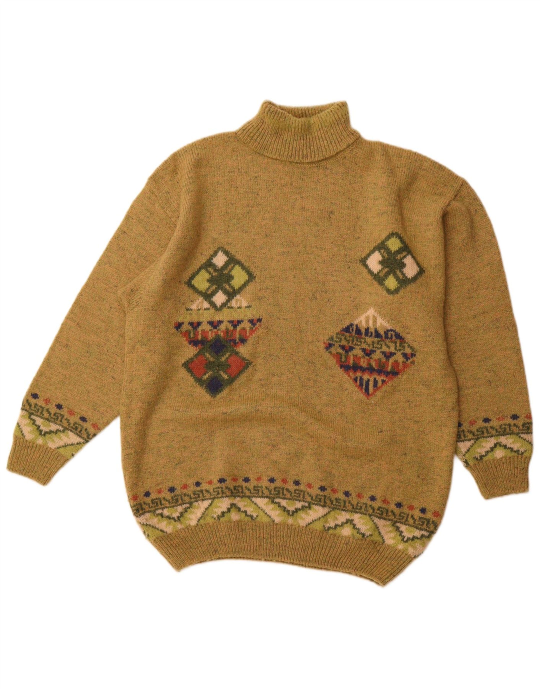 VINTAGE Ανδρικό πουλόβερ με ρολό λαιμόκοψη IT 52 Large Khaki Argyle/Diamond