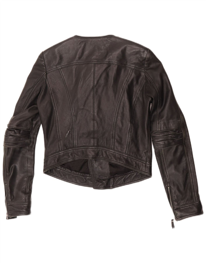 Max Womens Crop Biker Leather Jacket UK 12 Medium Black Leather