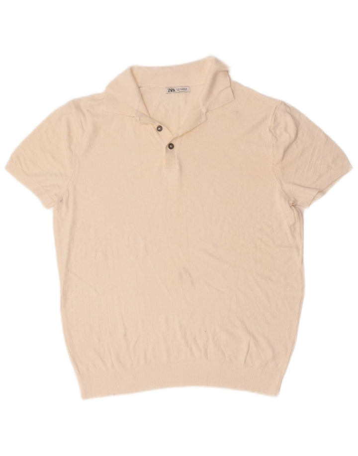 Zara Ανδρικό πουλόβερ με κοντό μανίκι polo λαιμόκοψη, μεσαίο σε λευκό
