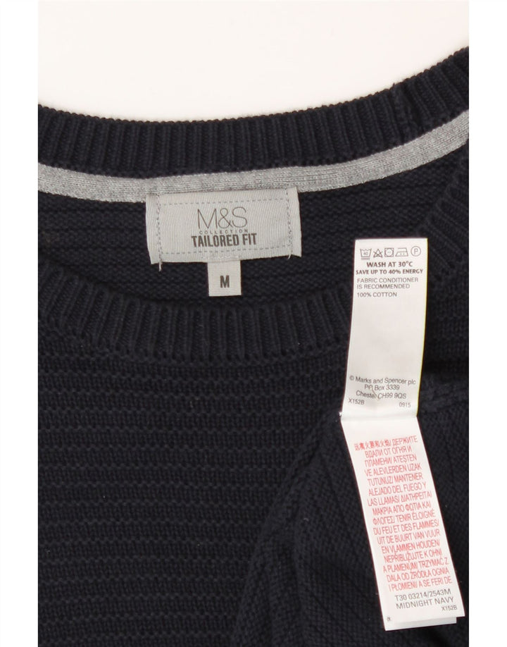 Marks & Spencer Ανδρικό πουλόβερ με λαιμόκοψη μεσαίου μπλε βαμβακερό