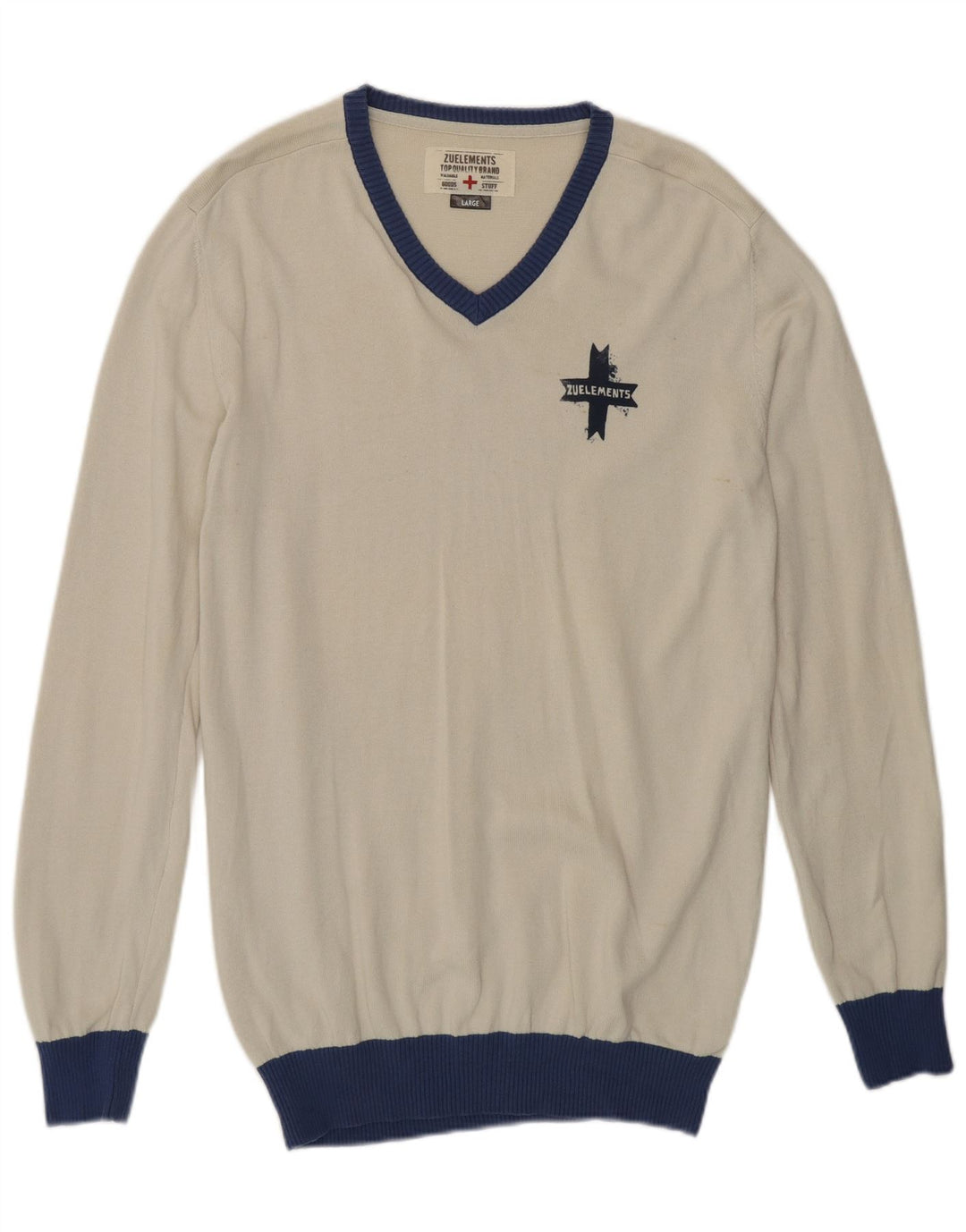 ZU ELEMENTS Mens V-Neck Jumper Sweater Large White Colourblock Cotton