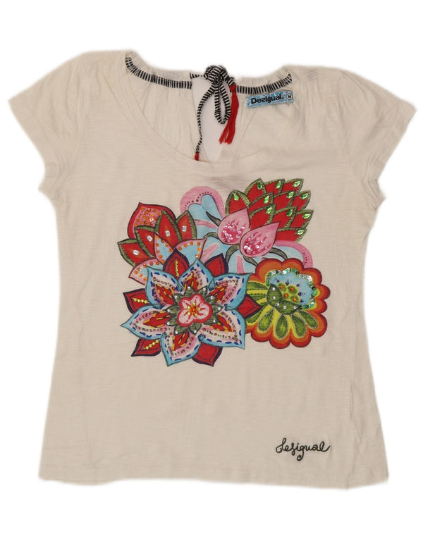 DESIGUAL Γυναικείο γραφικό T-Shirt Top UK 12 Medium White Floral