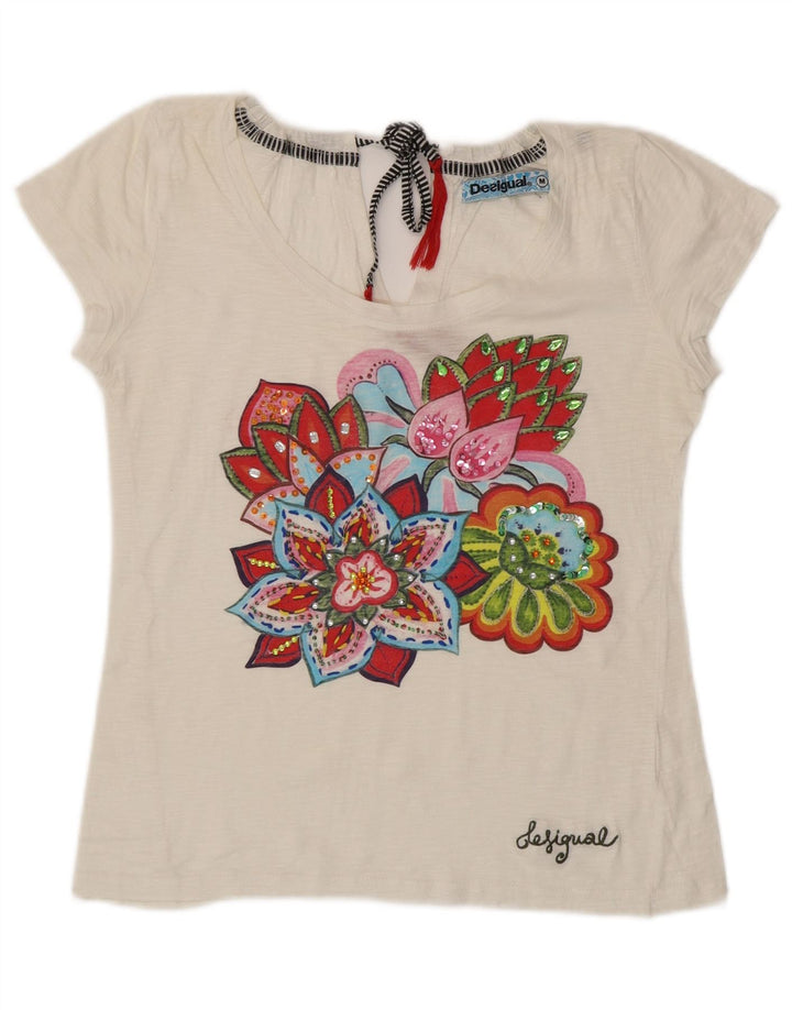 DESIGUAL Γυναικείο γραφικό T-Shirt Top UK 12 Medium White Floral