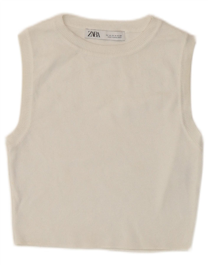 Zara Γυναικείο Αμάνικο Crop Top UK 12 Medium White Viscose