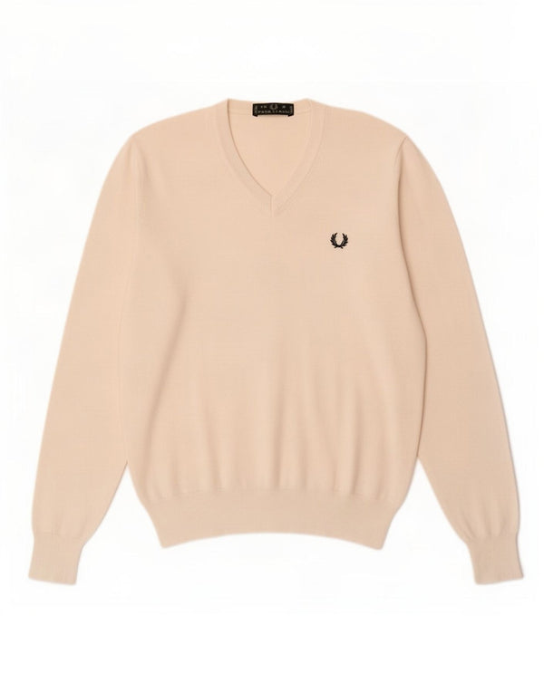 Fred Perry Mens V-Neck Jumper Sweater Small Off White Cotton