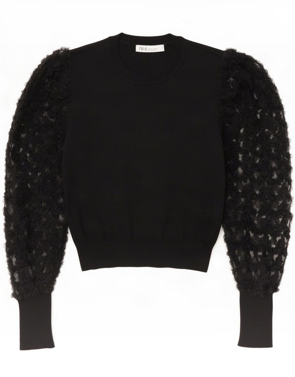 Zara Womens Crop Top Long Sleeve UK 12 Medium Black Floral Viscose