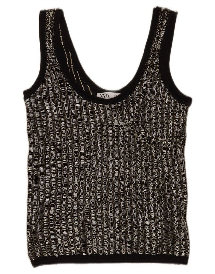 Zara Γυναικείο γιλέκο Crop UK 12 μεσαία μαύρη ριγέ βισκόζη