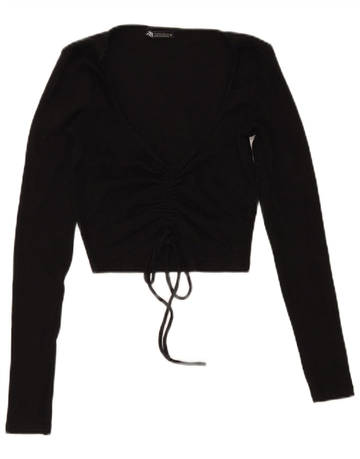 Zara Γυναικεία Crop Μπροστινή Γραβάτα Μακρυμάνικο UK 12 Μέτριο Βαμβακερό μαύρο