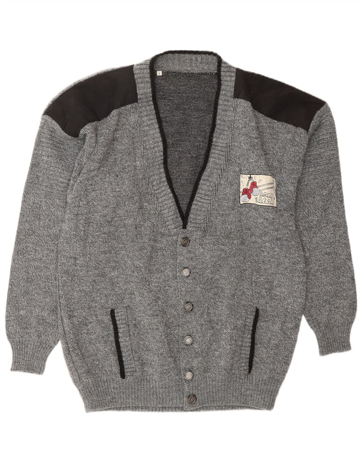 VINTAGE Mens Cardigan Sweater Large Grey Acrylic