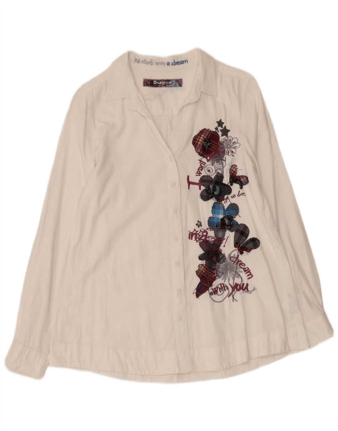 DESIGUAL Γυναικείο γραφικό πουκάμισο UK 10 Small White Floral Βαμβακερό