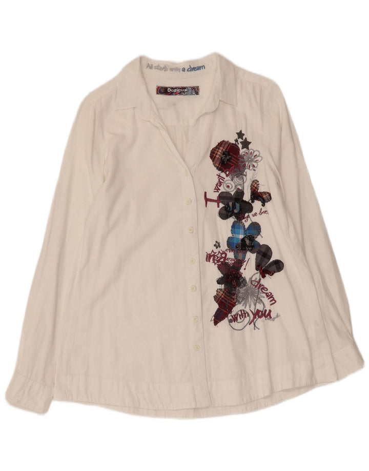 DESIGUAL Γυναικείο γραφικό πουκάμισο UK 10 Small White Floral Βαμβακερό