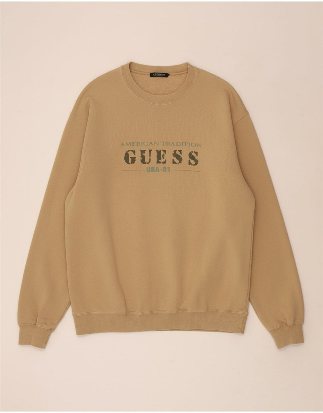 GUESS Mens Graphic Sweatshirt Jumper Large Beige Cotton