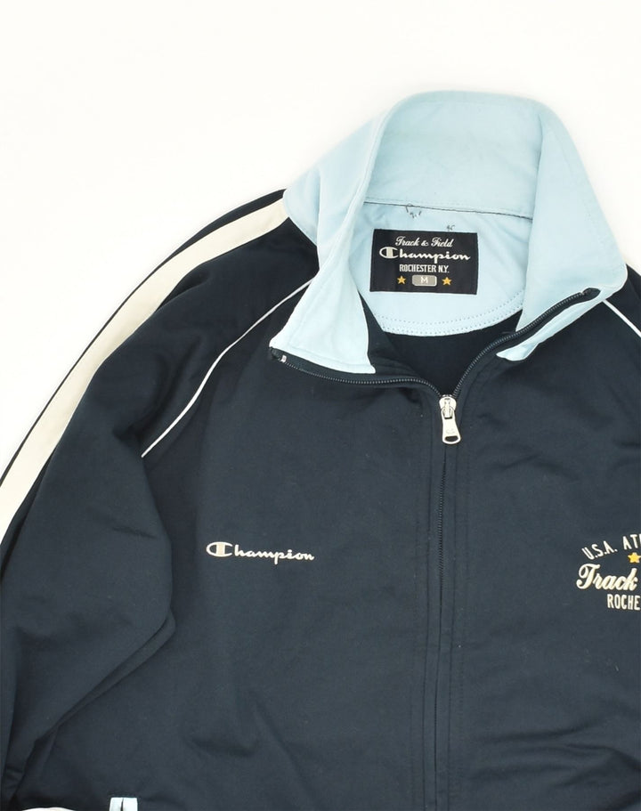 CHAMPION Womens Tracksuit Top Jacket UK 14 Medium Navy Blue Polyester | Vintage Champion | Thrift | Second-Hand Champion | Used Clothing | Messina Hembry 
