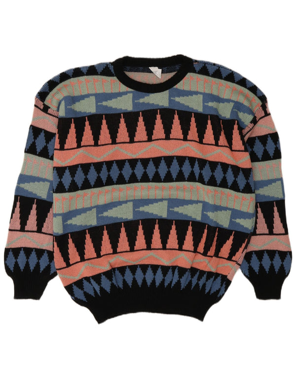Vintage Mens Crew Neck Jumper Sweater Large Multicoloured Geometric Acrylic