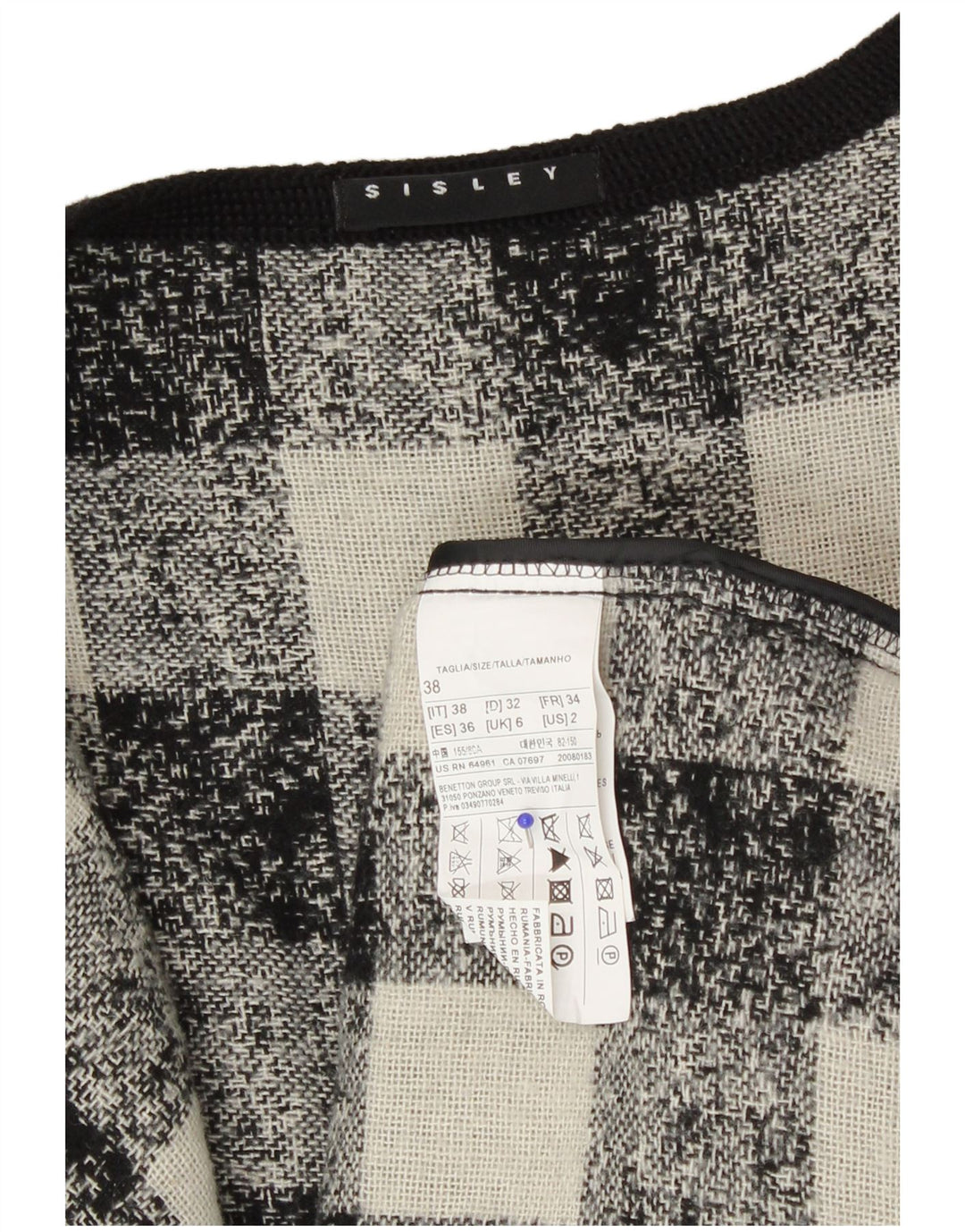 Sisley Γυναικείο Μπουφάν Μπλέιζερ Υπερμεγέθης UK 6 XS Μαύρο Ακρυλικό Gingham
