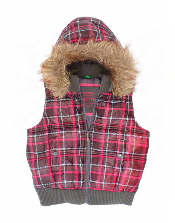 Benetton Girls Hooded Gilet Gilet 7-8 Years Small Red καρό