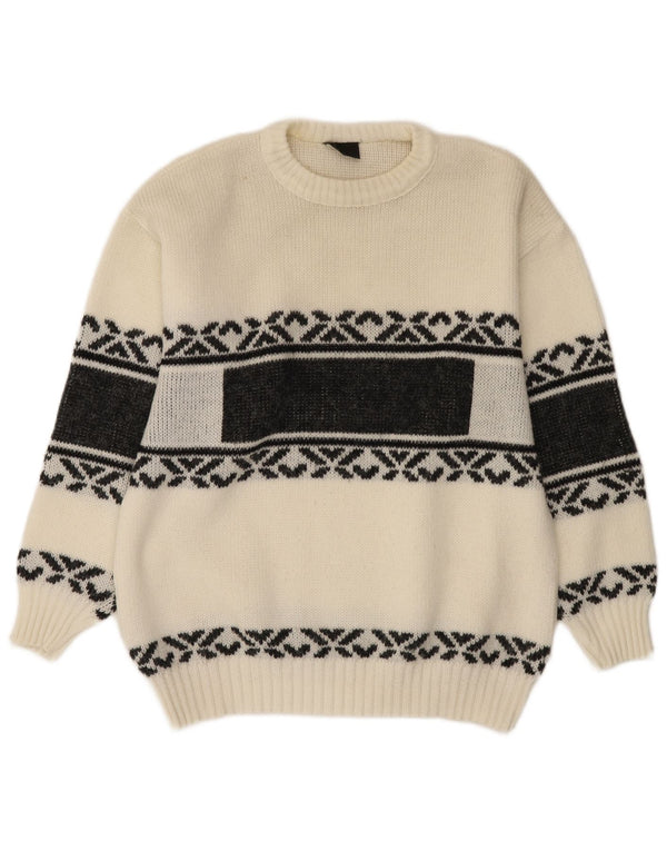 Vintage Mens Crew Neck Jumper Sweater Medium White Fair Isle