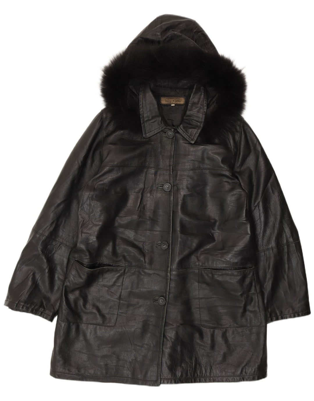 Vintage Γυναικείο Δερμάτινο Παλτό με Κουκούλα IT 50 XL Μαύρο Δερμάτινο