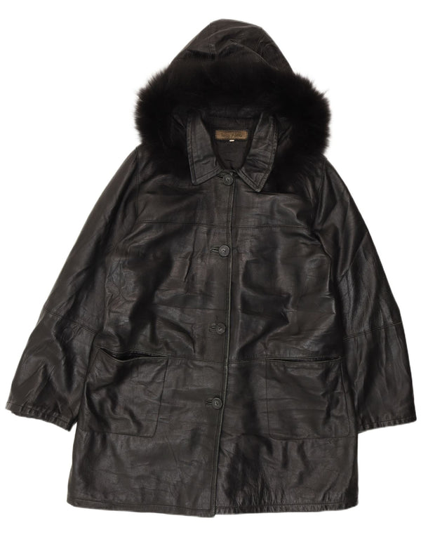 Vintage Γυναικείο Δερμάτινο Παλτό με Κουκούλα IT 50 XL Μαύρο Δερμάτινο