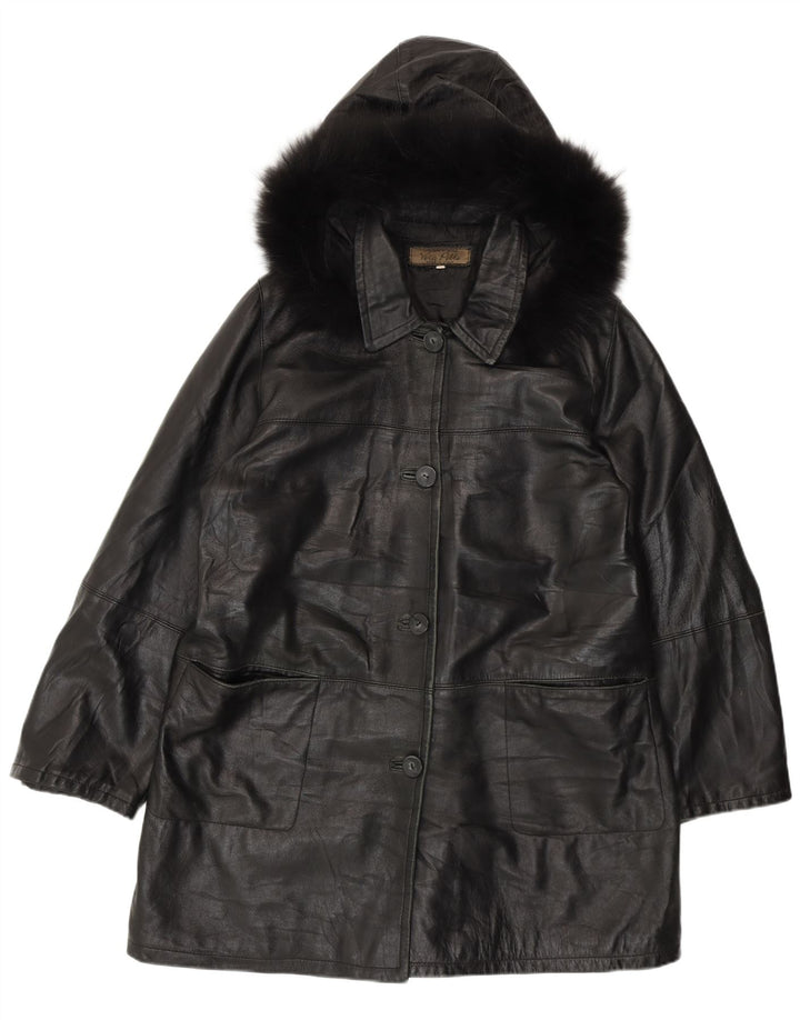 Vintage Γυναικείο Δερμάτινο Παλτό με Κουκούλα IT 50 XL Μαύρο Δερμάτινο