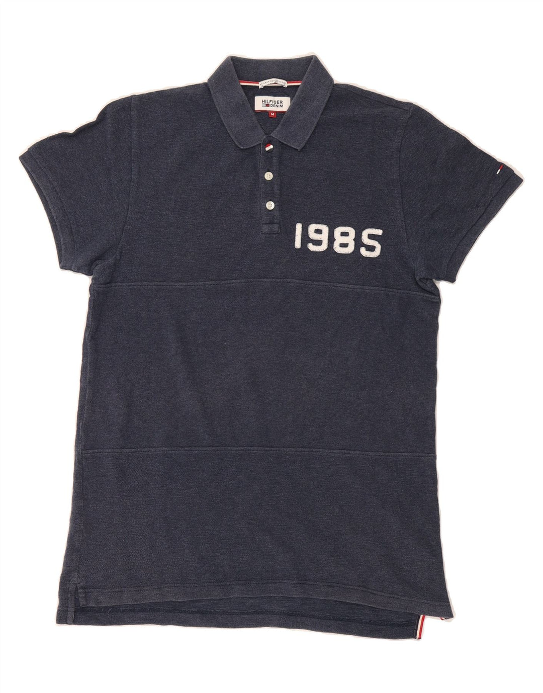 HILFIGER DENIM Mens Graphic Polo Shirt Medium Navy Blue Cotton Vintage Hilfiger Denim and Second-Hand Hilfiger Denim from Messina Hembry 