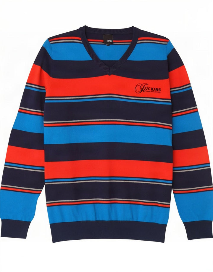 Jack & Jones Ανδρικό πουλόβερ με λαιμόκοψη με λαιμόκοψη, μεσαίο πολύχρωμο βαμβακερό ριγέ