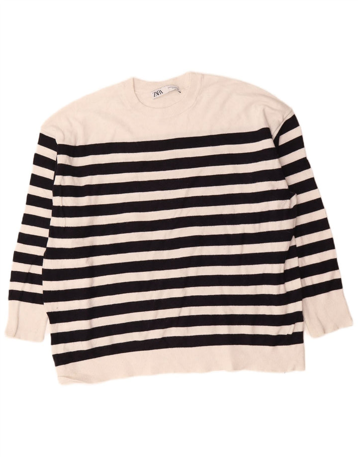 Zara γυναικείο πουλόβερ υπερμεγέθη Crew Neck Jumper UK 14 Medium White ριγέ