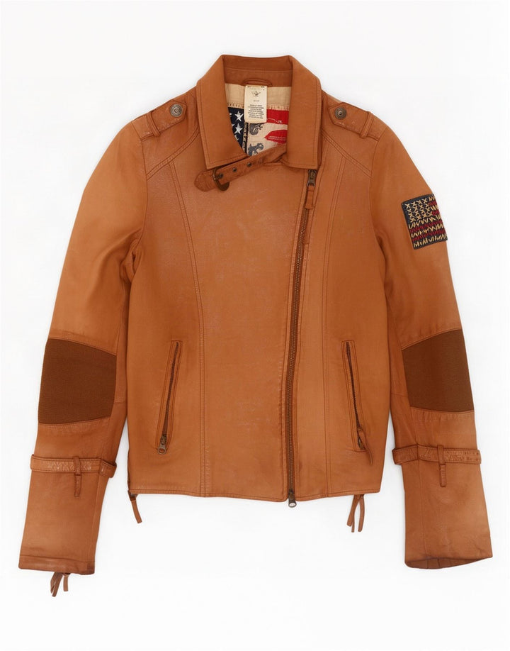 True Religion Γυναικείο δερμάτινο μπουφάν ποδηλάτου UK 10 Small Beige Colourblock