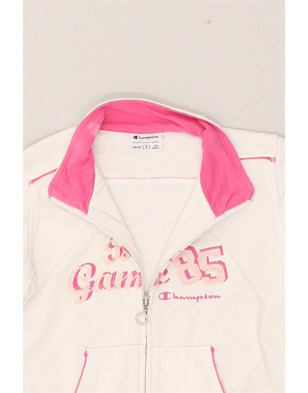 CHAMPION Girls Graphic Tracksuit Top Jacket 7-8 Years Small White Cotton | Vintage Champion | Thrift | Second-Hand Champion | Used Clothing | Messina Hembry 