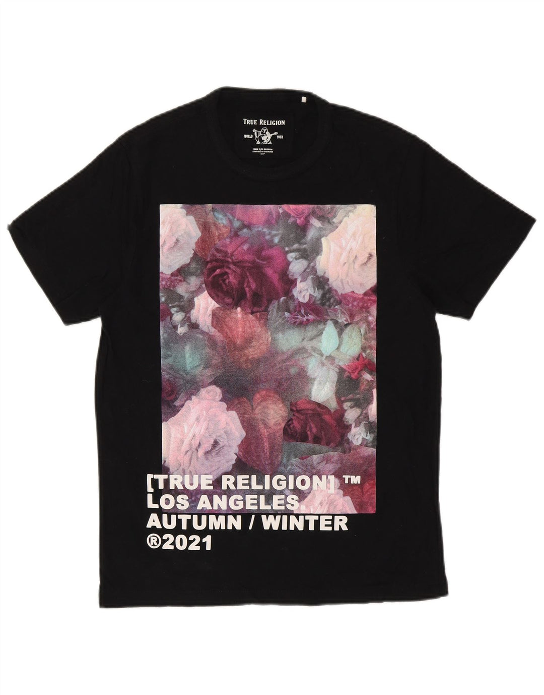 TRUE RELIGION Ανδρικό γραφικό T-Shirt Top Μικρό μαύρο φλοράλ βαμβακερό