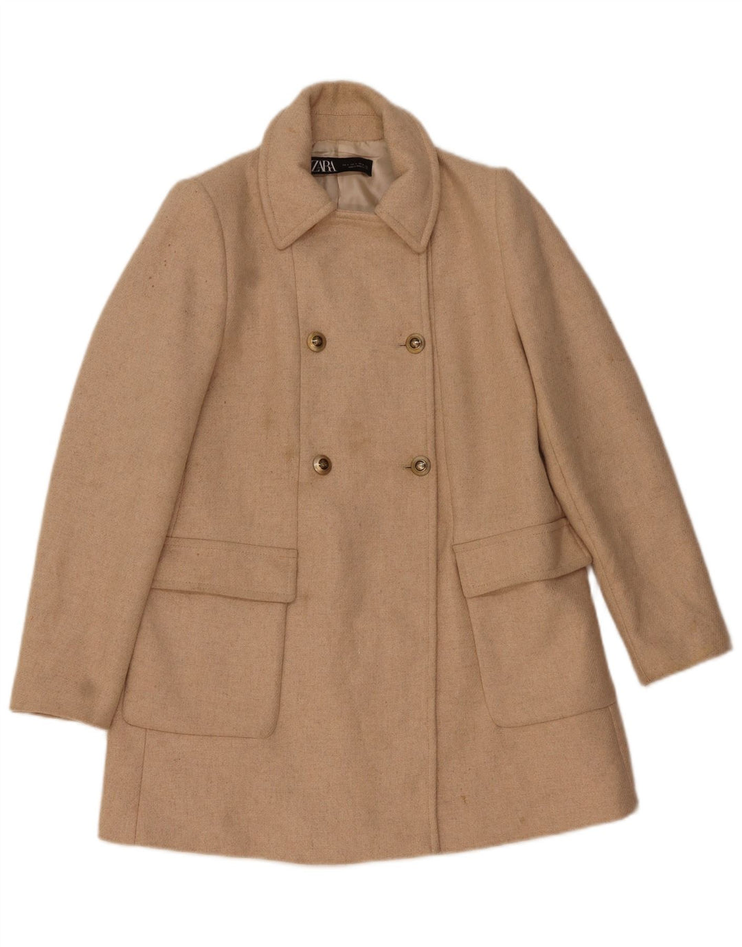 Zara Γυναικείο παλτό με διπλό στήθος UK 10 Small Beige μαλλί ψαροκόκαλο