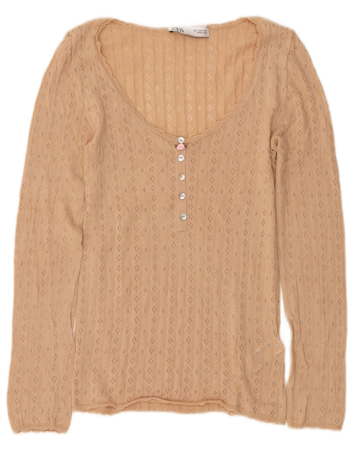 Zara Γυναικείο τοπ μακρυμάνικο UK 10 Small Beige βαμβακερό