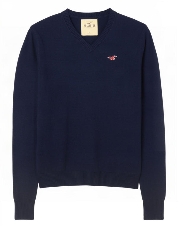 Hollister Ανδρικό πουλόβερ με λαιμόκοψη με λαιμόκοψη μεγάλο, μπλε βαμβακερό