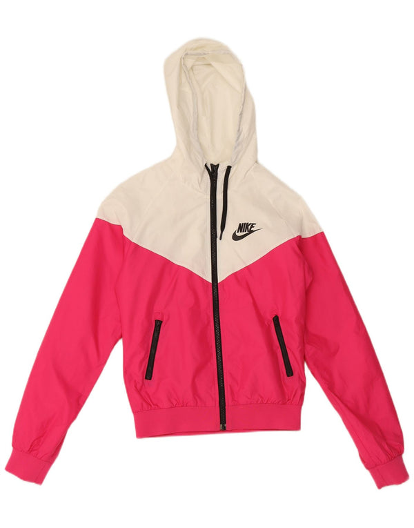 Nike γυναικείο μπουφάν βροχής με κουκούλα UK 10 Small Pink Colorblock Polyester