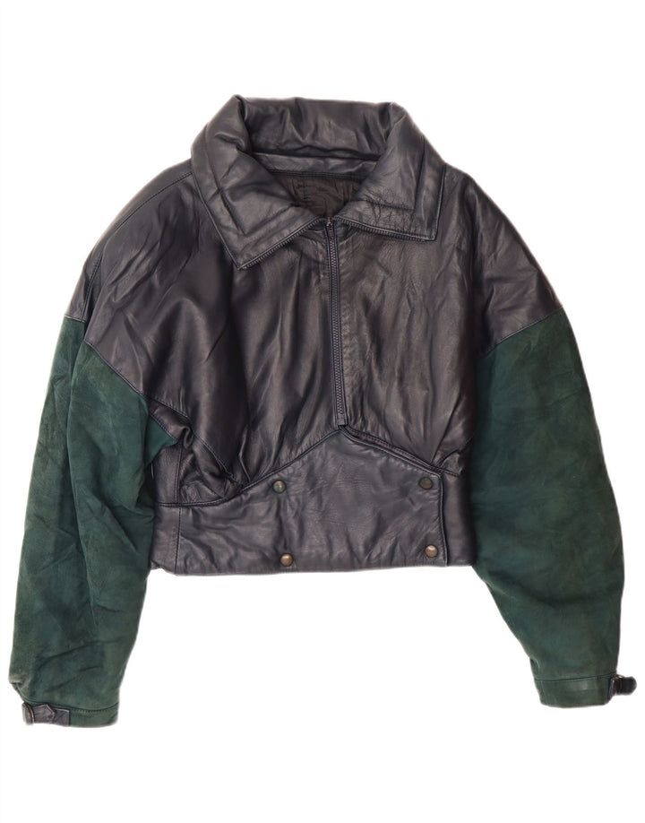 VINTAGE Γυναικείο Crop Δερμάτινο Μπουφάν UK 6 XS Navy Blue