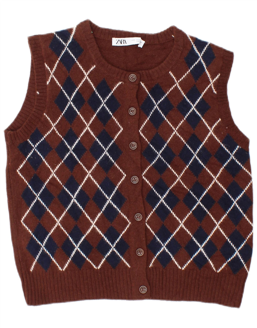 Zara Γυναικείο Αμάνικο Ζακέτα UK 10 Small Brown Argyle/Diamond