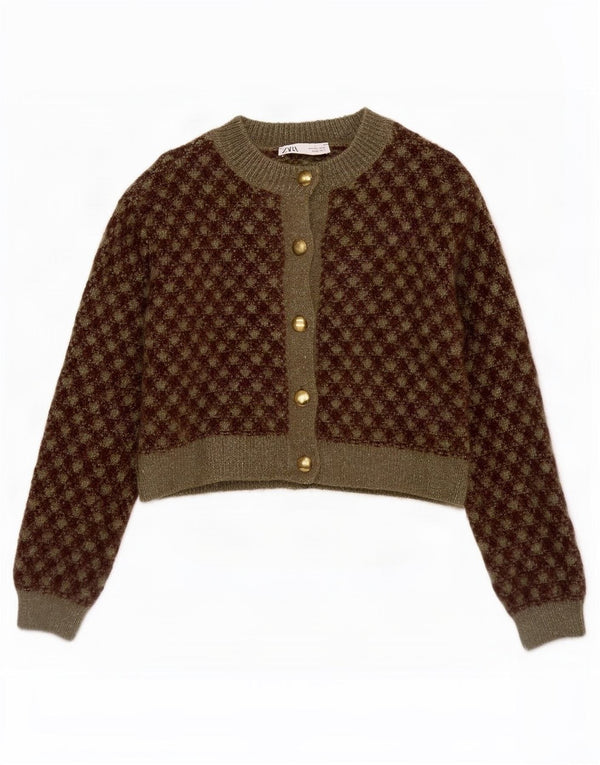 Zara Γυναικεία ζακέτα Crop UK 10 Small Khaki Geometric Acrylic
