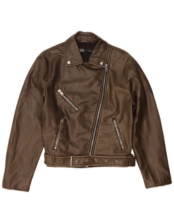 Zara Γυναικείο Faux Leather Biker Jacket UK 14 Μεσαίο καφέ πολυαιθυλένιο
