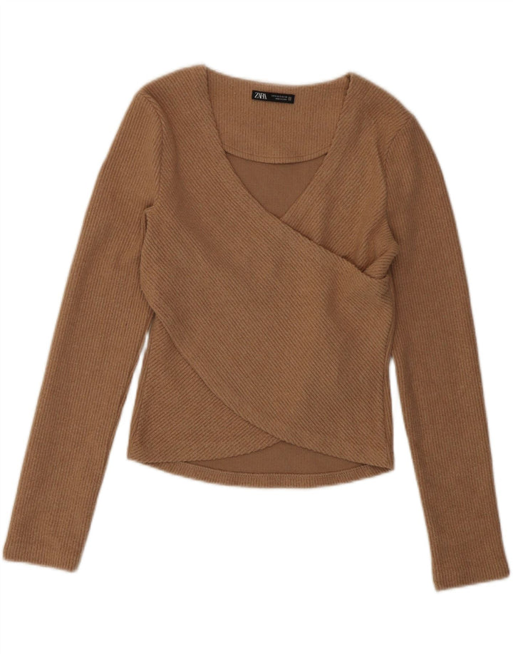 Zara Γυναικείο Crop Top Μακρυμάνικο UK 8 Μικρός Καφέ Πολυεστέρας