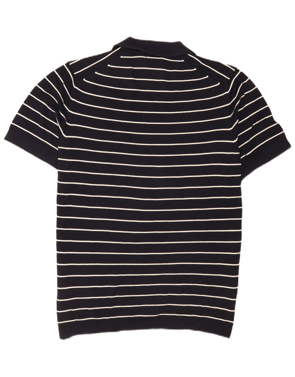 Massimo Dutti Mens Polo Shirt XL Navy Blue Striped Cotton