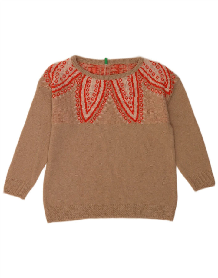 Benetton Γυναικείο Abstract Pattern πουλόβερ με λαιμόκοψη UK 10 Small Beige