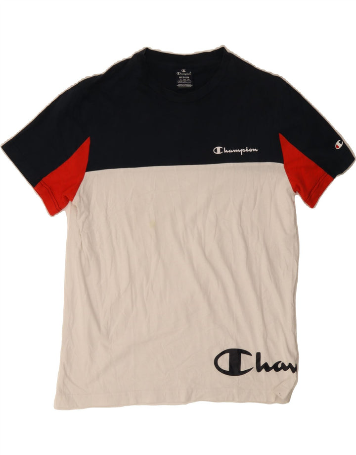 CHAMPION Mens Graphic T-Shirt Top Medium White Colourblock Vintage Champion and Second-Hand Champion from Messina Hembry 