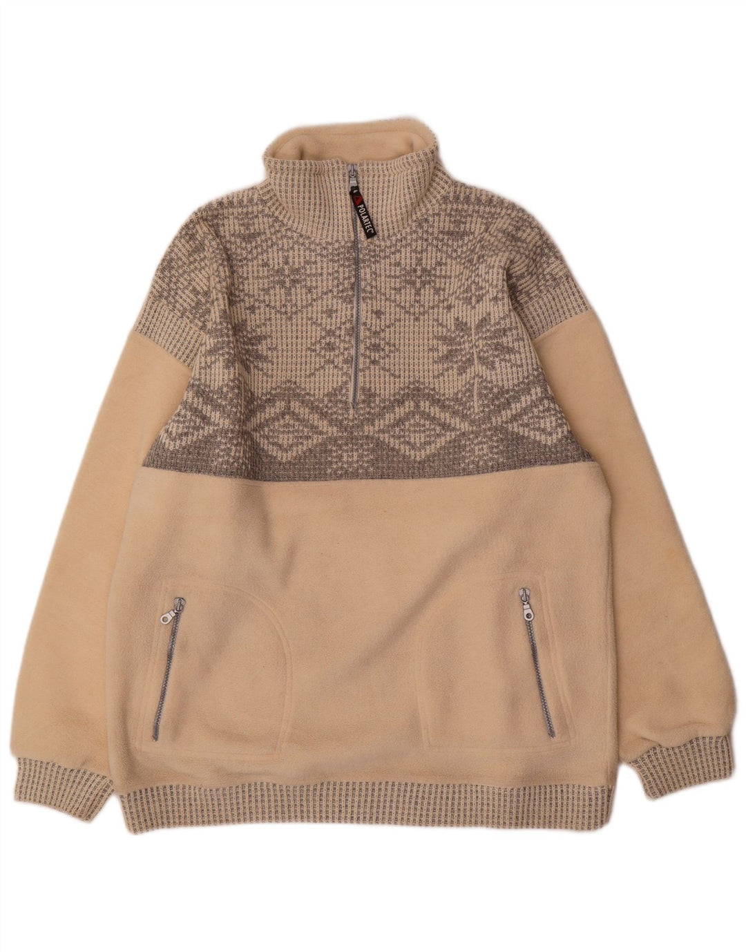 Vintage ανδρικό φερμουάρ με λαιμόκοψη Fleece Jumper Μεγάλο μπεζ Fair Isle Polyester